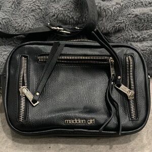 Madden Girl Black Faux Leather Messenger Bag with Zipper Accents